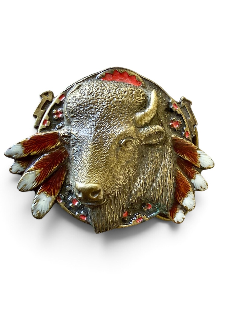Vintage 1994 Brass Buffalo Belt Buckle American Buckle Company Enamel 4182
